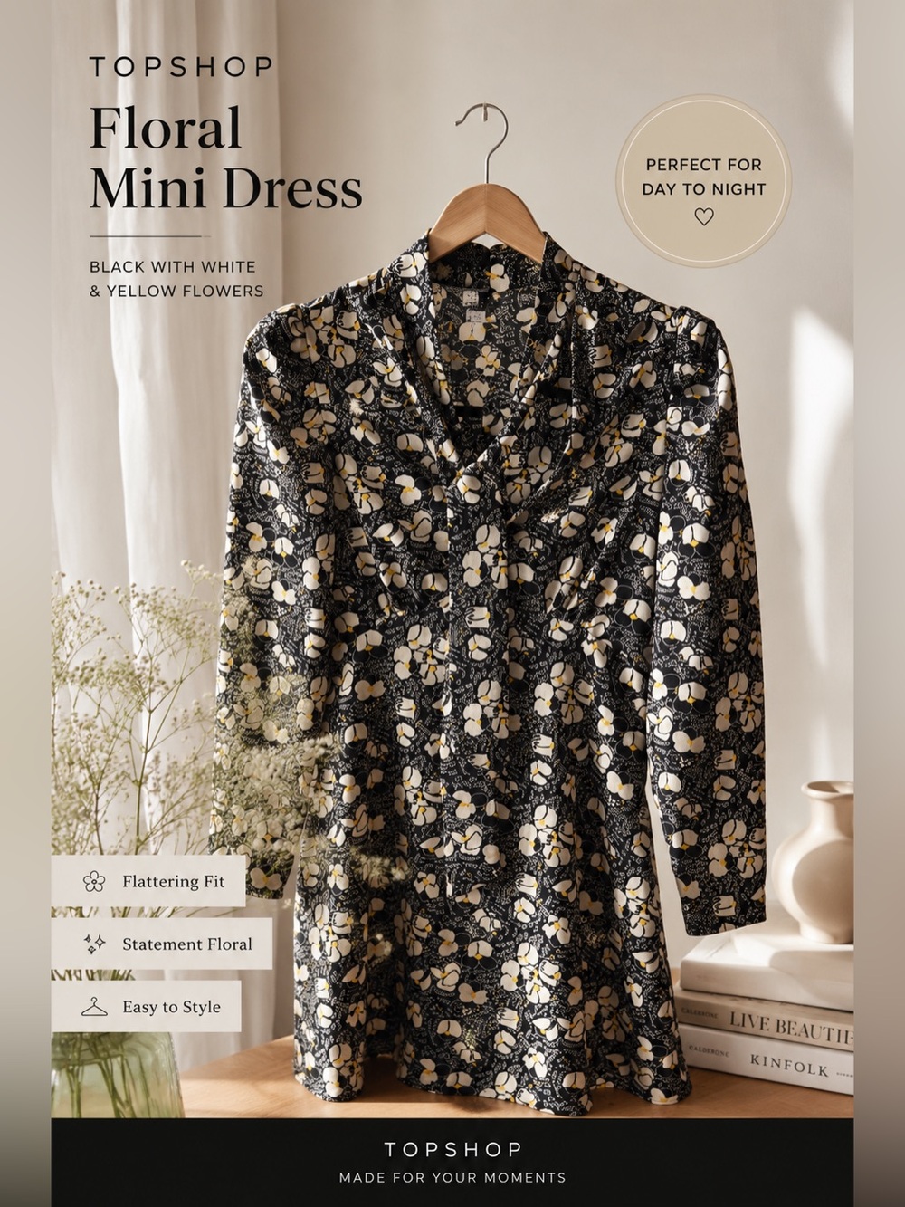Topshop Floral Mini Dress Black White Yellow Long Sleeve Boho Chic XS